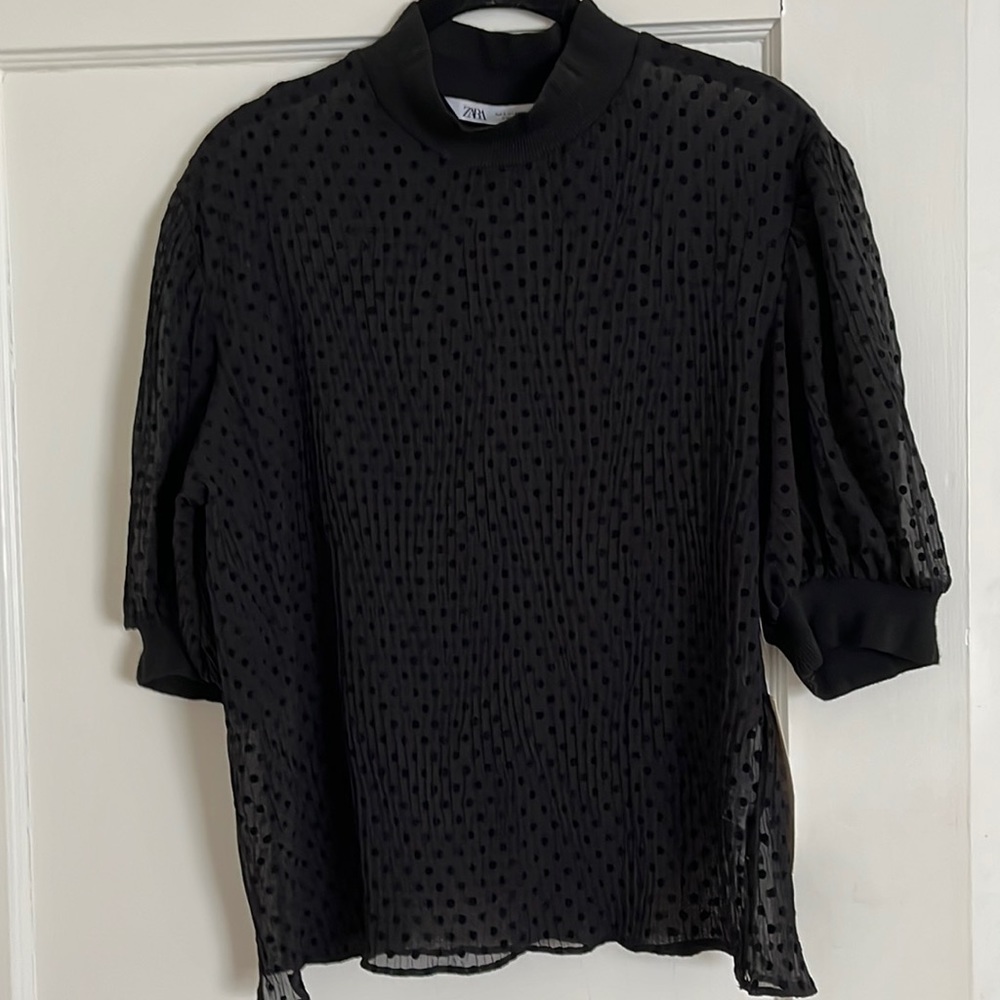 Zara sheer black polka dot short sleeve blouse, NWT, size S
